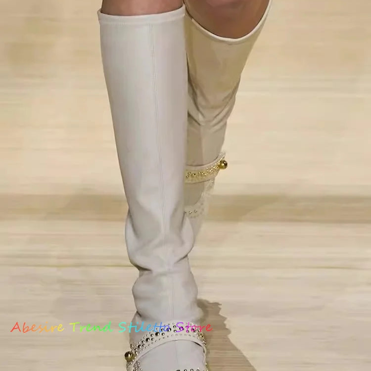 White Retro Studded Knee High Boots for Women New High Tube Thick Heels Back Zipper Elastic Slim Boots Black Knight Boots 4