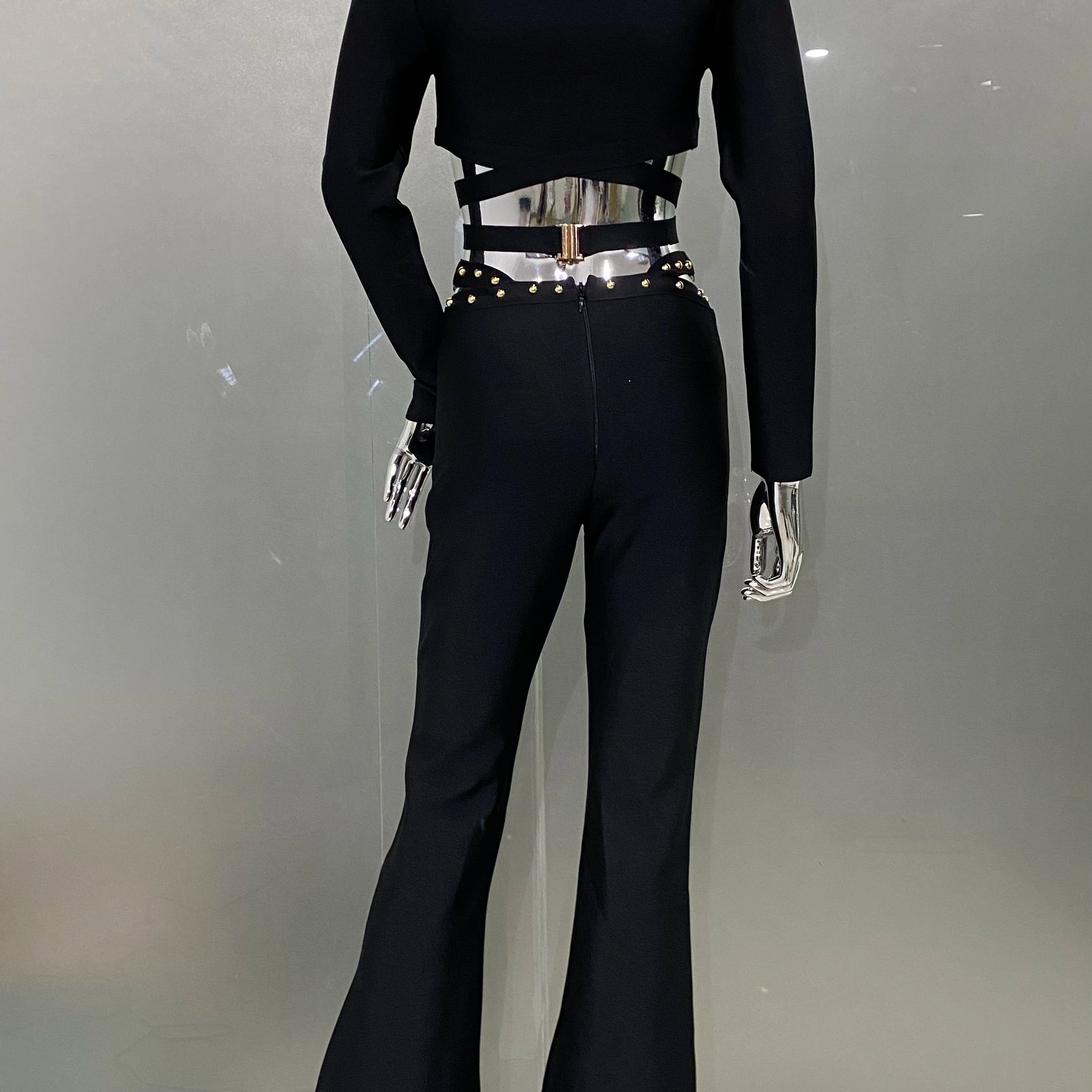 Stylish Res Bandage Woman Set Diamond Chains Backless Halter Cropped top And Waist Chain Flare Pants 2 Pieces Club Party Outfit