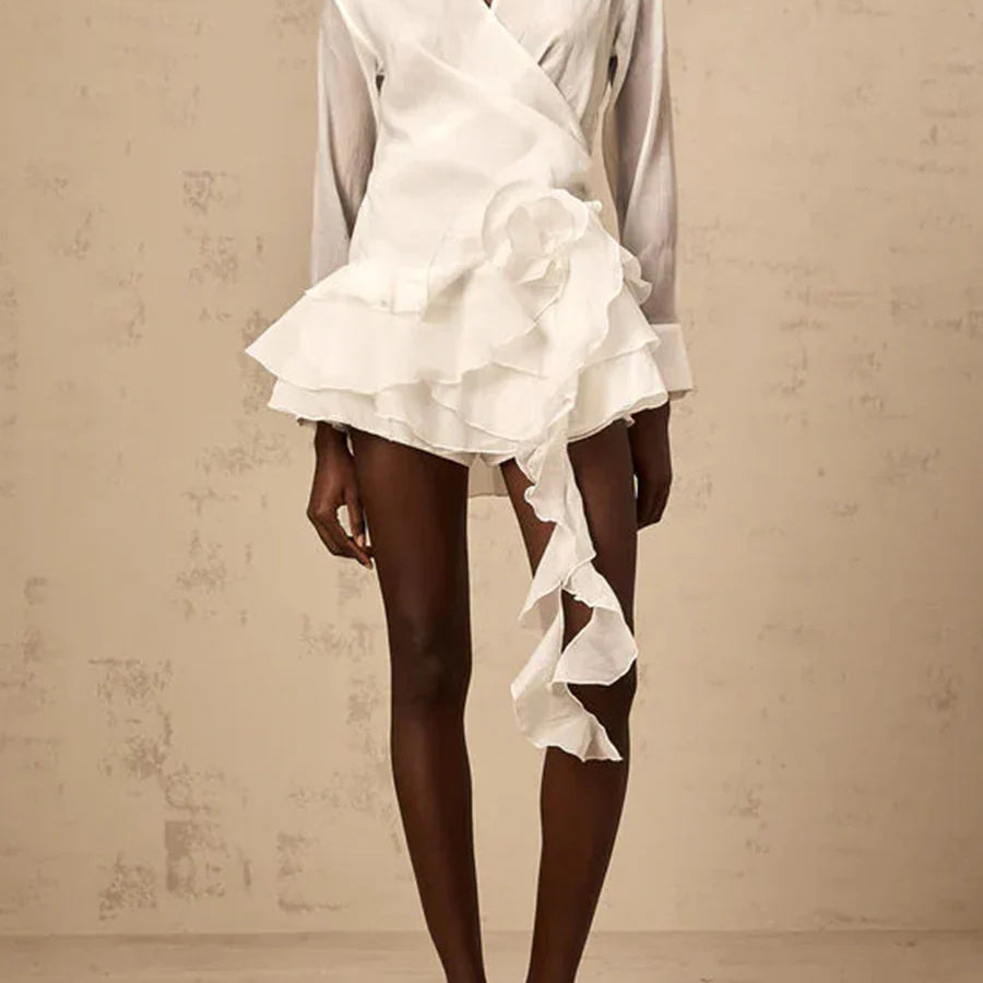 Solid Mini Temperament Mini Dresses for Women V Neck Long Sleeves Patchwork 3D Flower Mini Dress Female Clothing