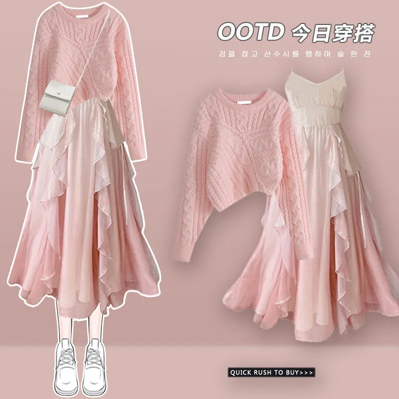 Women's Spring Autumn Fashion Cross Knitted Sweater+Strap Dress Two Piece Korean Elegant New in Matching Set Femlae Skirt Set 03