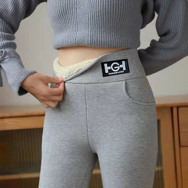 Winter Women Leggings Solid Warm Leggings Thicken Lambwool Hight Waist Fleece Keep Butt Lift High Stretchy Walking Pants Pocket Gray