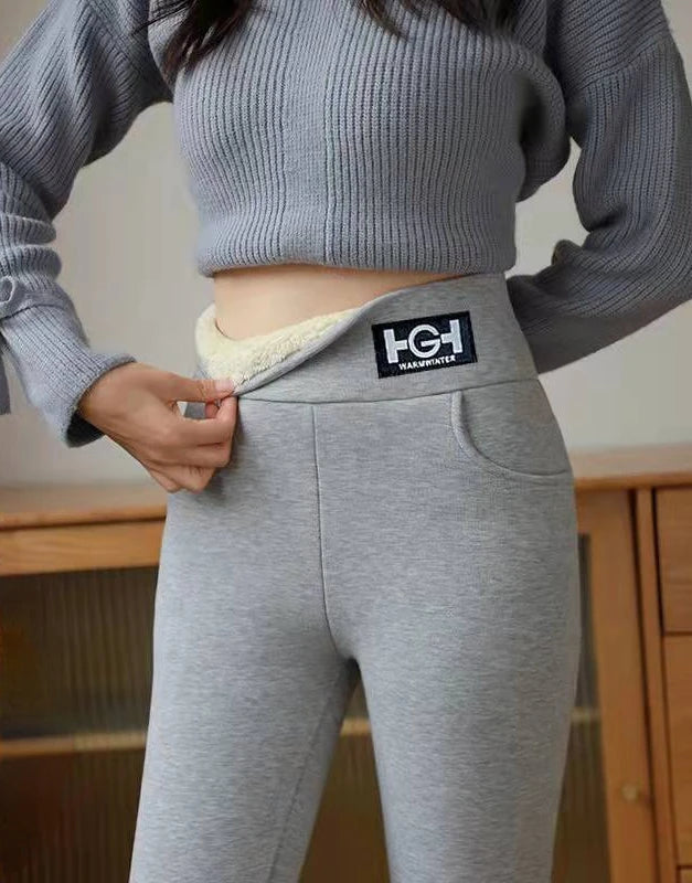 Winter Women Leggings Solid Warm Leggings Thicken Lambwool Hight Waist Fleece Keep Butt Lift High Stretchy Walking Pants Pocket Gray