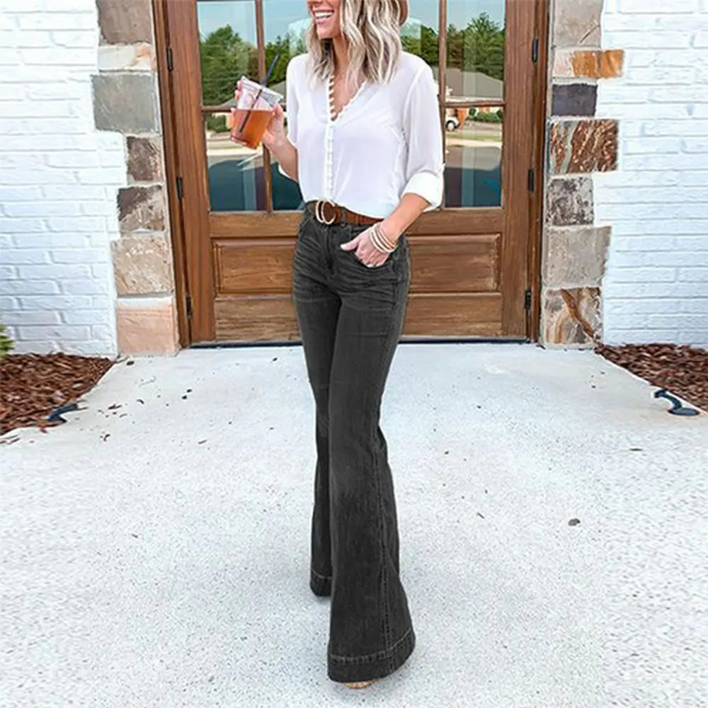 Women High Street Denim Flare Pants Vintage Fashion Solid Color Multi-pocket Jeans Ladies High Waist Wide Leg Bootcut Trousers Black