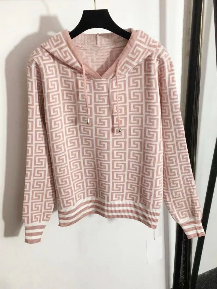 Knitted Hooded Sweater Hoodies Set For Women Autumn Winter Luxury Brand Designer Stitch Knitwear Pullover Tops Clothes