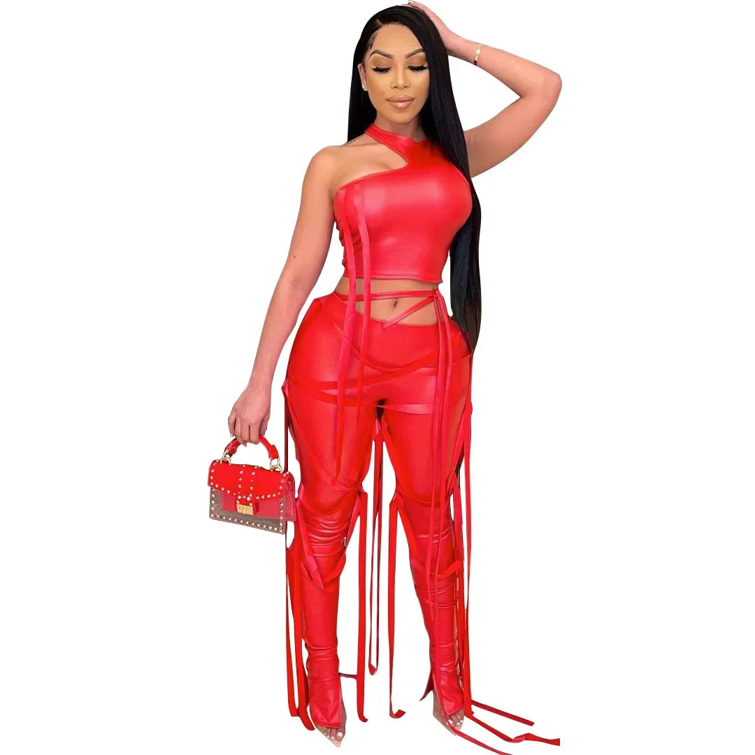 CM.YAYA Faux Leather Women's Set Drawstring Lace Up Slit Leggings Pants Suit and Crop Top Street Tracksuit Two Piece Set Outfit
