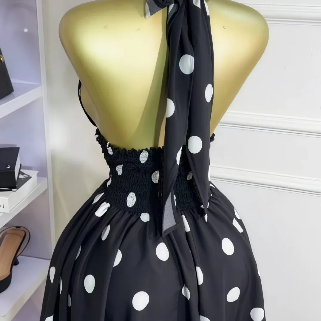 CM.YAYA Women Dot Printed Sleeveless Halter V-neck Big Swing A-line Mini Dress 2025 Summer Vacation Sexy Party Evening Dresses