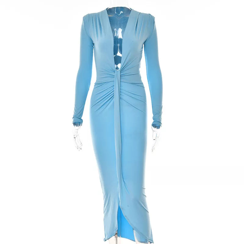 Elegant Pleated Casual Bodycon Long Dress Autumn Winter Women Slim Evening Party Robe Sexy Bandage Ladies Dress Light Blue
