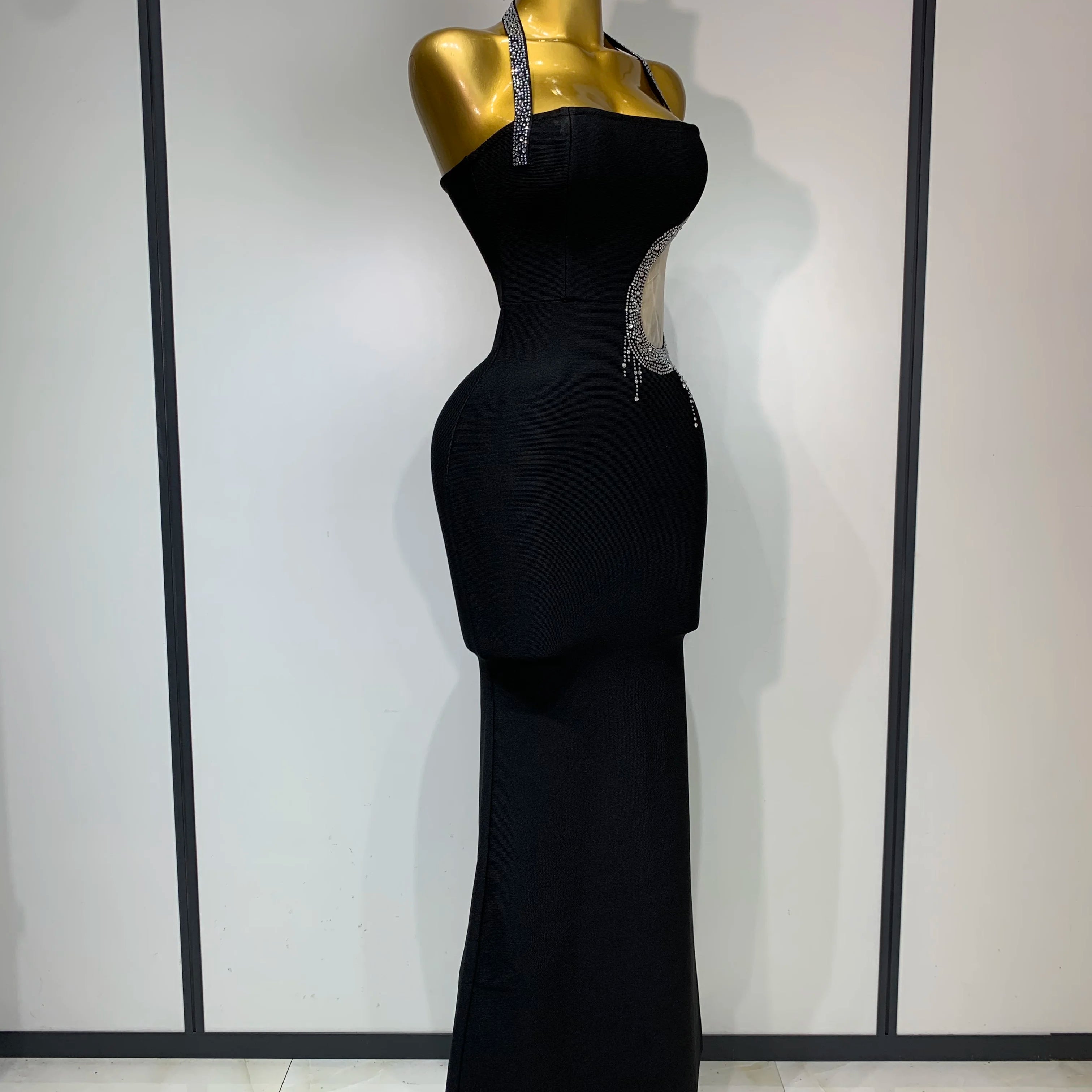 Women Sexy Rhinestone Halter Long Bandage Bodycon Dress 2025 Celebrity Elegant Evening Party Luxury Birthday Wedding Dresses