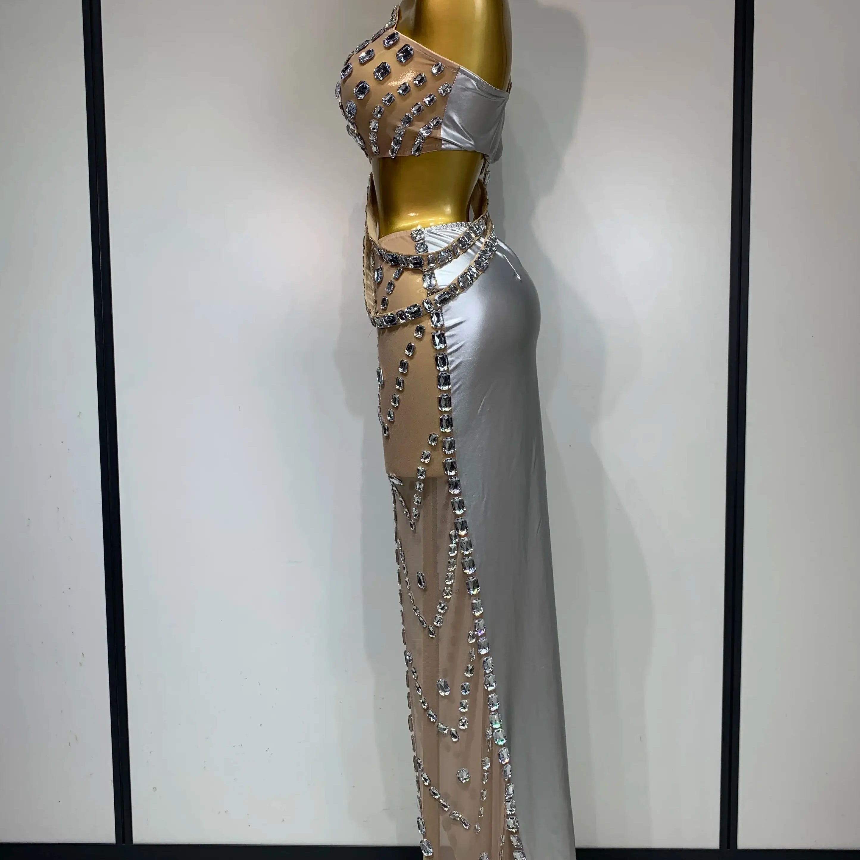 Celebrate Luxury Birthday Stage Show Wear Sparkling Rhinestones Two Pieces Set Sleelveless Evening Party Dresses Club Outfit