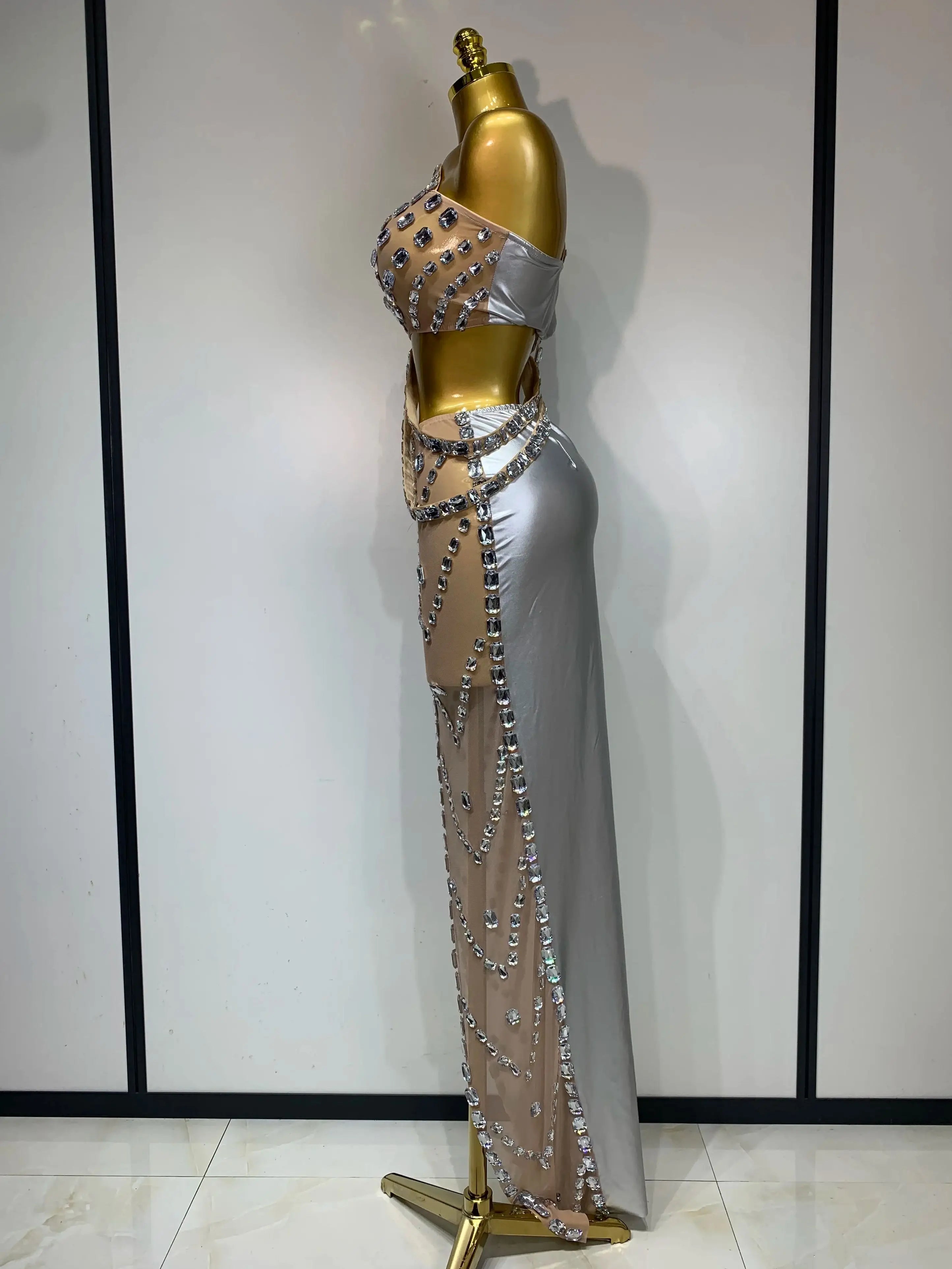 Celebrate Luxury Birthday Stage Show Wear Sparkling Rhinestones Two Pieces Set Sleelveless Evening Party Dresses Club Outfit