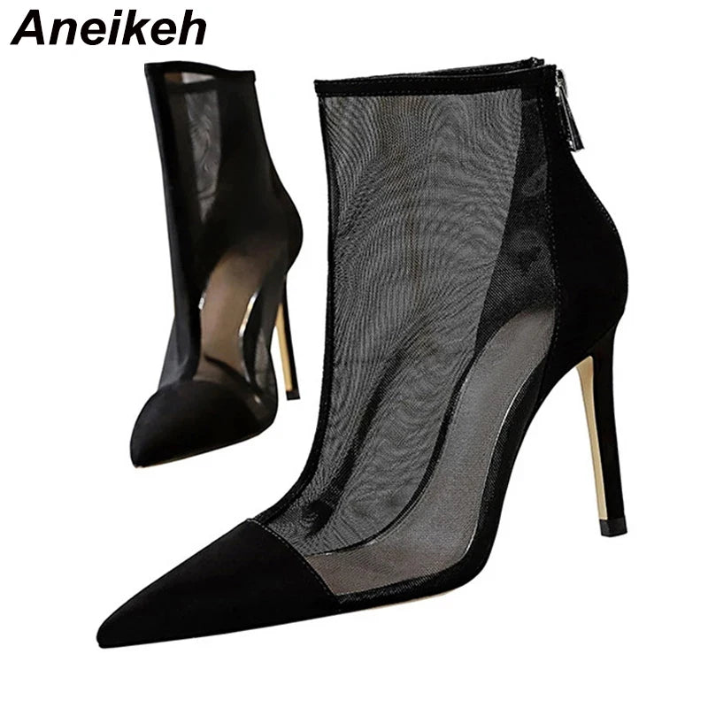 Fashion Spring Ventilation Mesh ANKLE Boots Ladies Pumps 9.5CM Thin Heels Pointed Toe ZIP Solid Women's Shoes Black