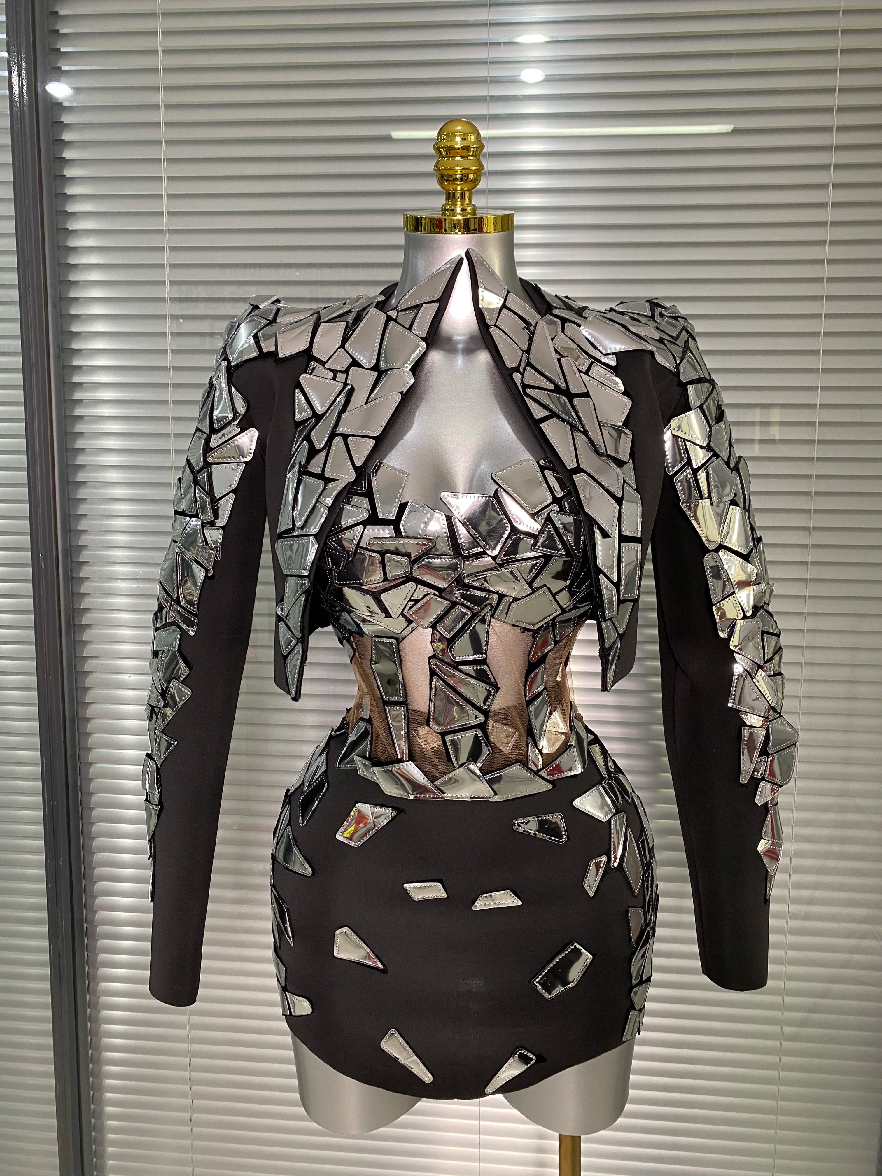 Women Sexy Two Pieces Set Women Sparkly Night Club Skirt Suits Coat Singer Dancer Stretchy Stage Performance Costume