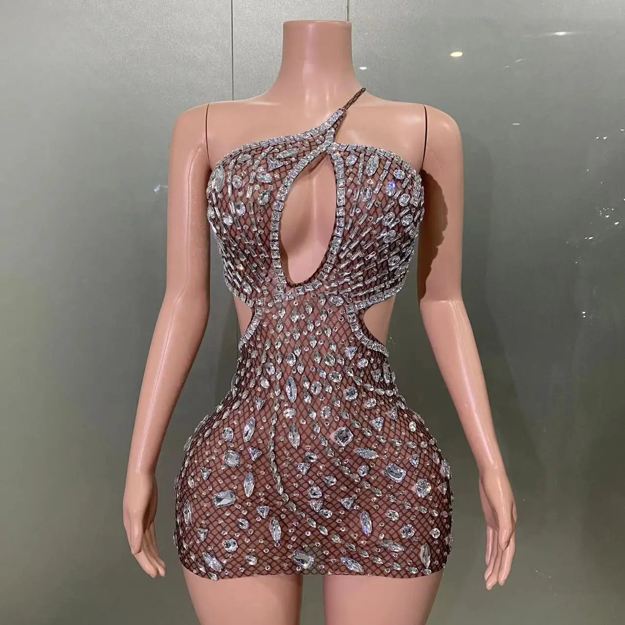 2024 New Fashion Women Sexy Off the Shoulder Mesh See Through Bodycon Mini Dress Crystal Nightclub Party Celebrate Stage Wear
