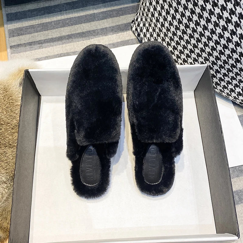 women's plush flat slippers Winter Home and Outdoor Shoes Fashionable fur warm design work and office mules Large size 41-44