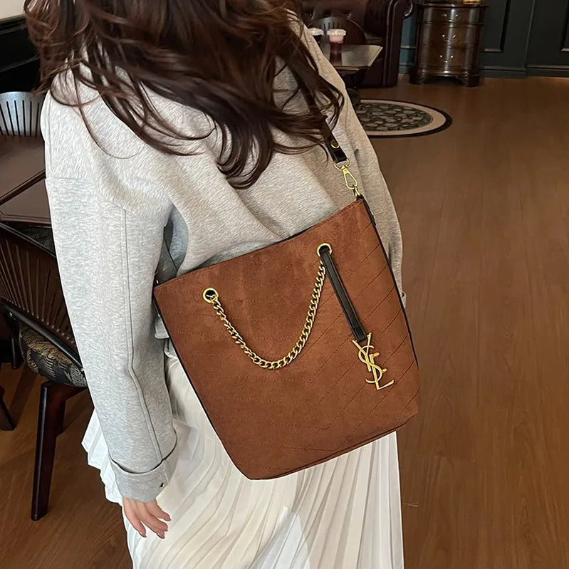 2025 New Women's Vintage Bucket Bag Large Capacity Underarm Bag Suede Crossbody Shoulder Bag Fashion Ladies Purse