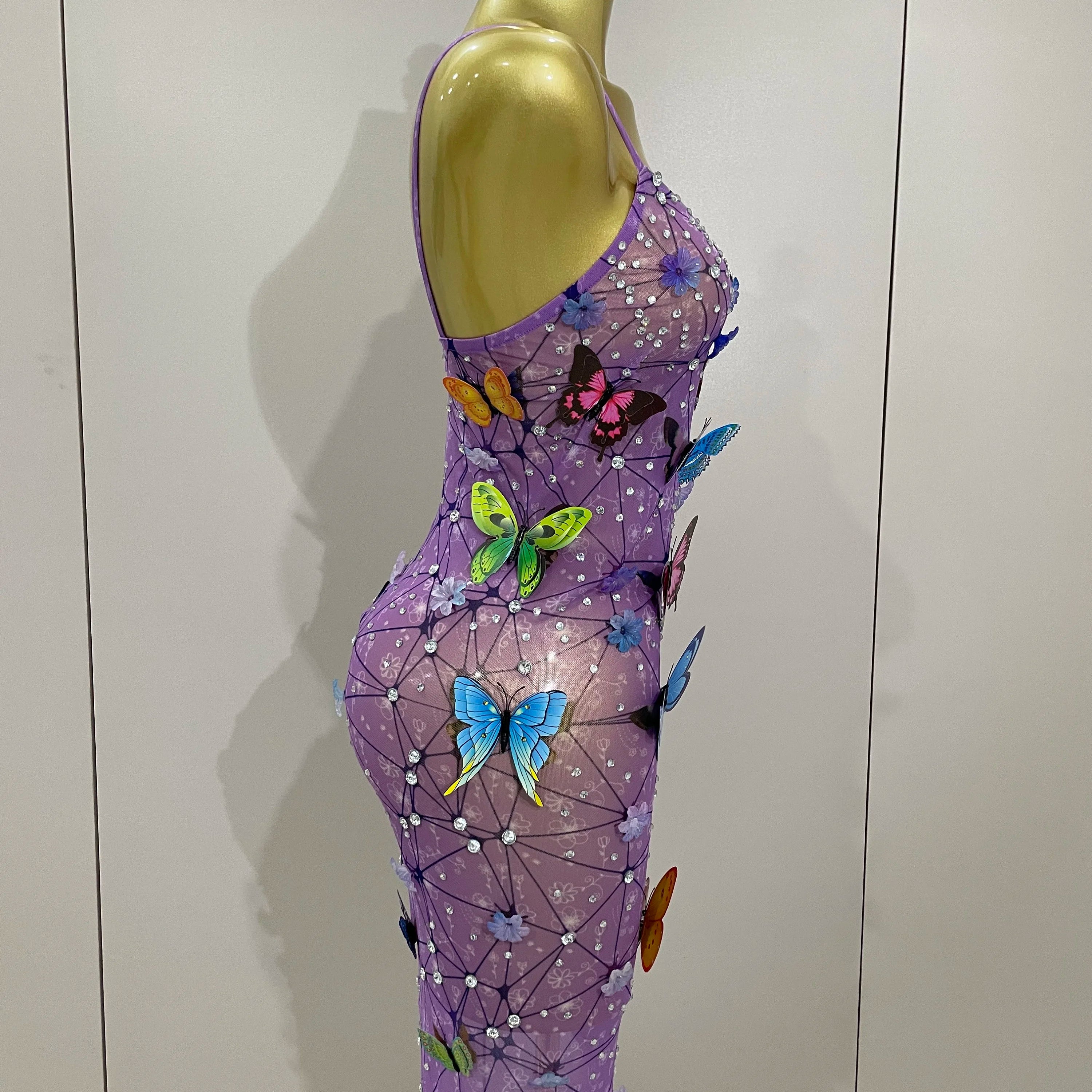 Women Celebrity Luxury Birthday Nightclub Stage Outfit 2025 New Arrival Sparkly Butterfly Purple Sexy Mesh See Through Dress