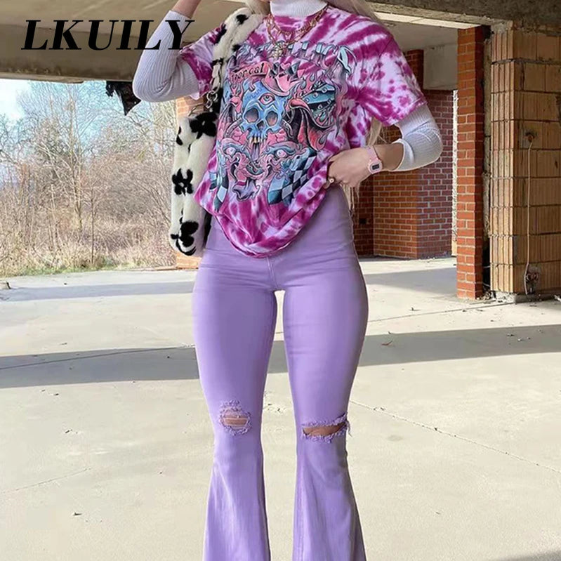 90S Y2k Flared Jeans Women High Waist Fashion Streetwear Purple Stretch Baggy Mom Jeans Wide Leg Pants Ripped Denim Trousers