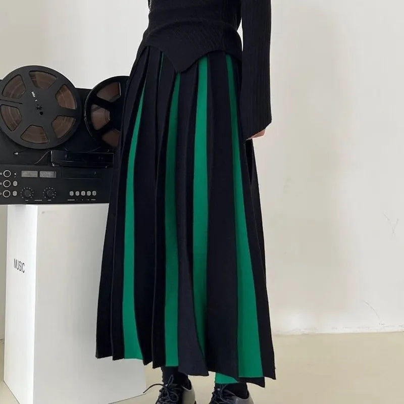 Fashion Patchwork Knitted Long Skirt Women Spring High Waist Pleated Skirt Woman Chic Striped Mixed Color Midi Skirts Mujer green