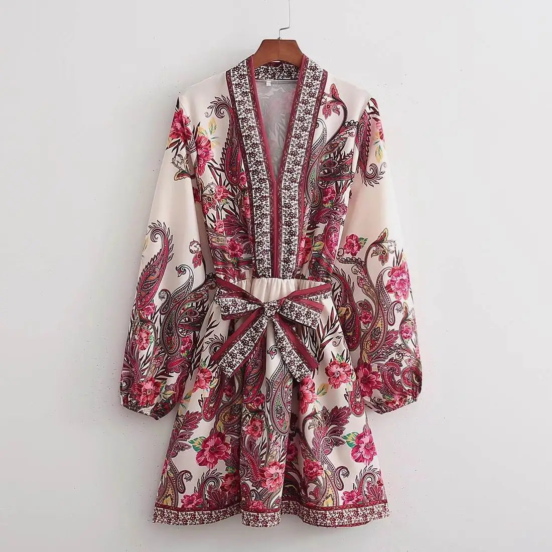 Printed Mini Dress Women Spring Clothing Full Sleeve Belt Vestidos Modern Girl Casual Wears as photo 1