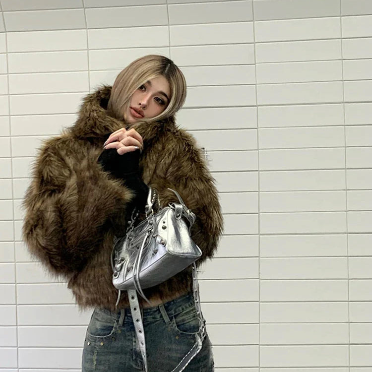 Autumn Winter Chic Luxury Short Soft Thick Warm Hairy Shaggy Faux Fur Coat Women with Hood Zipper Fluffy Jacket 2024