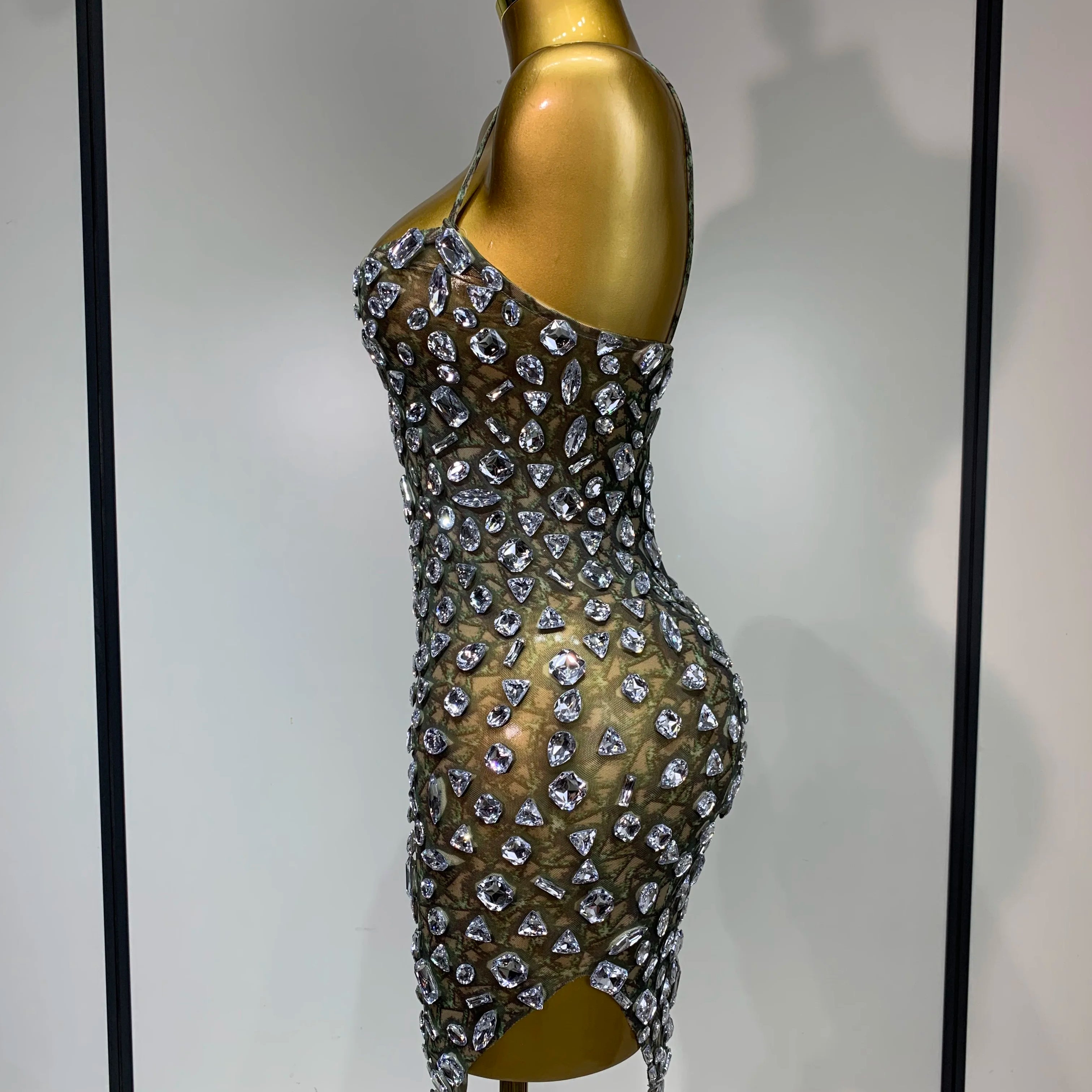 Luxury Diamond Mesh See Through Stretch Bodycon Dress Women Sexy Sleeveless Evening Party Birthday Celebrate Perform Costume