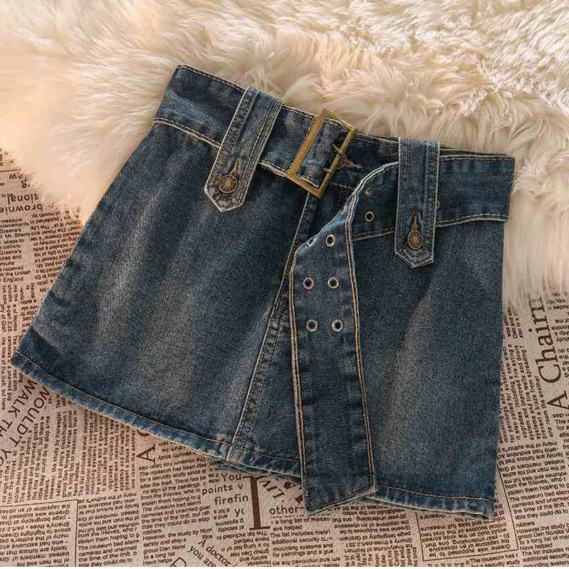 Gidyq Vintage Denim Mini Skirts Women Summer Sexy Solid Belt Jeans Skirts Female Casual Ball Gown Korean Slim A Line Skirts
