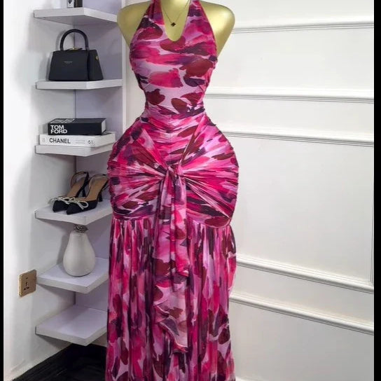 CM.YAYA Women Halter Neck Backless Ruched Stacked Sleeveless Mesh Long Maxi Dress 2025 Birthday Even Sexy Party Dresses Vestidos Fuchsia