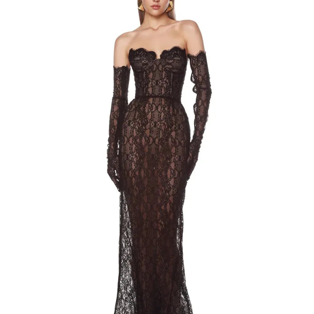 Top Quality Women Sexy Off the Shoulder Lace Bodycon Long Maxi Dress Gloves Celebrate Elegant Evening Party Prom Outfit Vestido