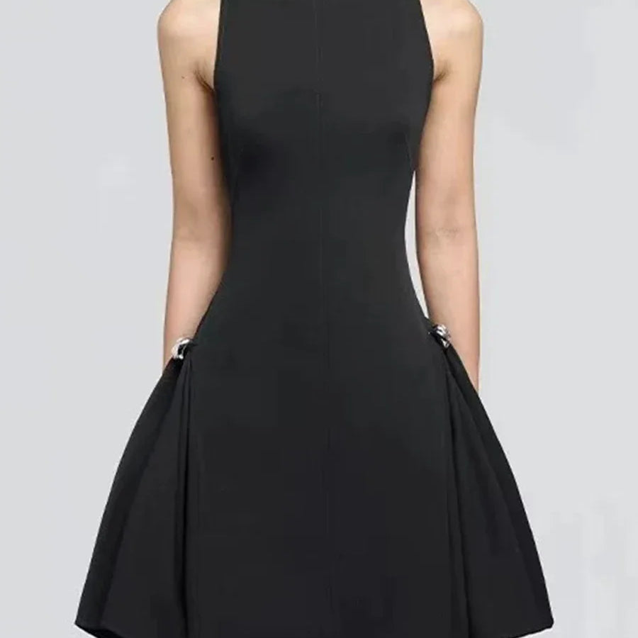 TWOTWINSTYLE Solid Slimming Elegant Mini Dresses for Women Round Neck Sleeveless Patchwork Folds Tunic Dress Female Clothing New