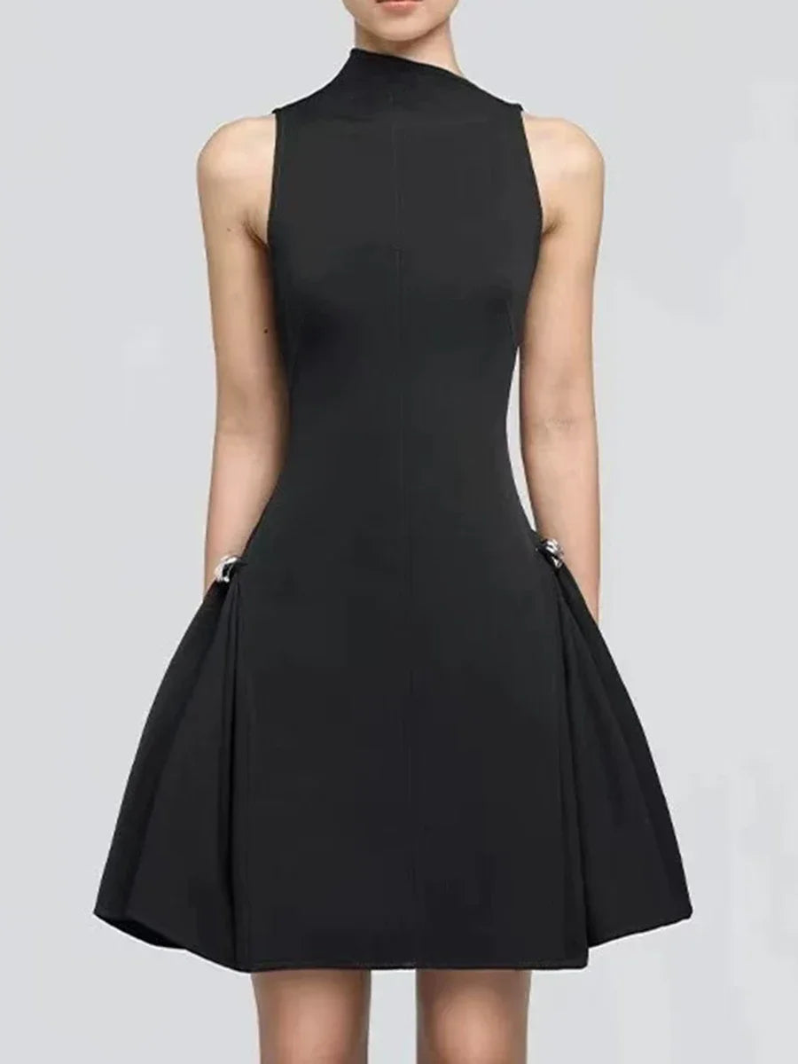 TWOTWINSTYLE Solid Slimming Elegant Mini Dresses for Women Round Neck Sleeveless Patchwork Folds Tunic Dress Female Clothing New