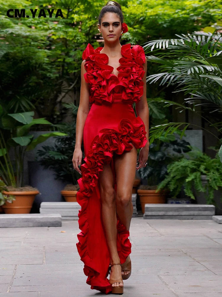 CM.YAYA Women Sets Streetwear 2 Two-piece Suits Sexy Beach Holiday Ruffles Asymmetrical V-neck Bodysuit+Long Skirts Bikinis Sets