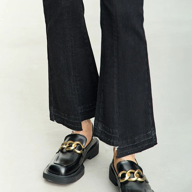 Minimalist Black Women Jeans Autumn Slim Ankle-length New Pants Asymmetrical Flare Retro Casual Trousers