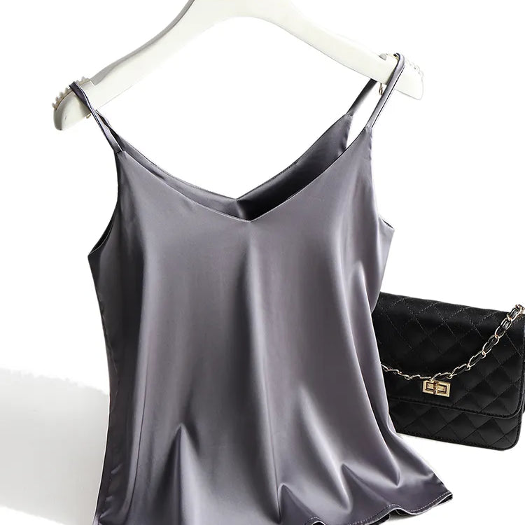 Spaghetti Strap Top Women Halter V Neck Basic White Cami Sleeveless Satin Silk Tank Tops Women'S Summer Camisole GRAY