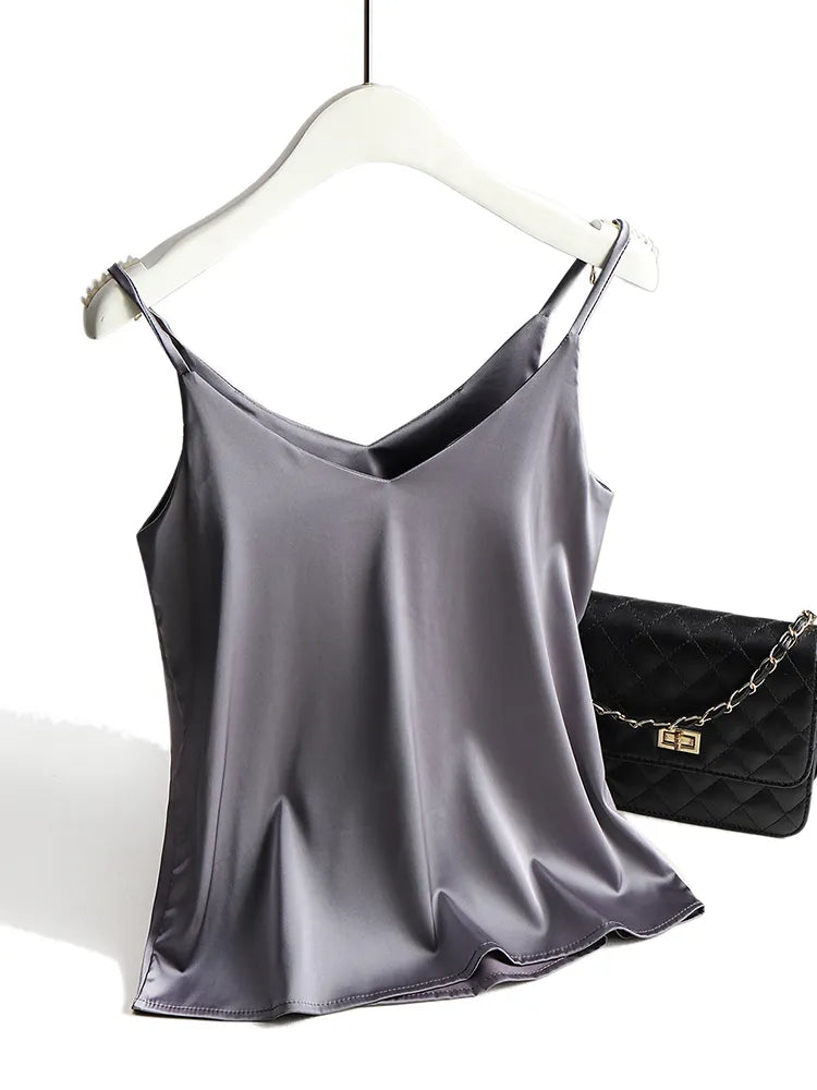 Spaghetti Strap Top Women Halter V Neck Basic White Cami Sleeveless Satin Silk Tank Tops Women'S Summer Camisole GRAY