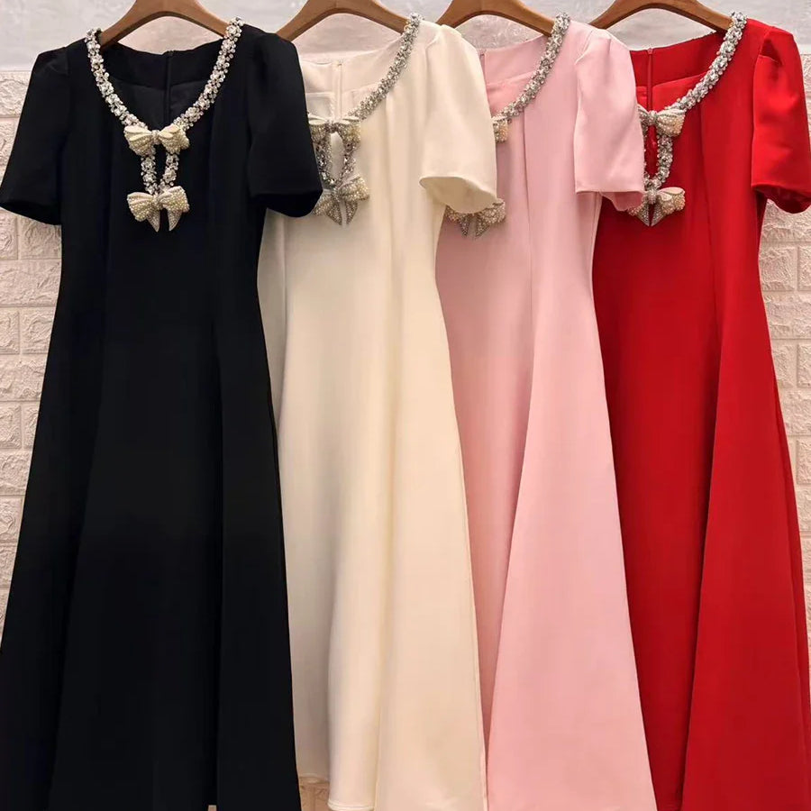 Solid Slimming Spliced Bowknot Elegant Dresses for Women Round Neck Short Sleeves Patchwork Bead Dress Female New