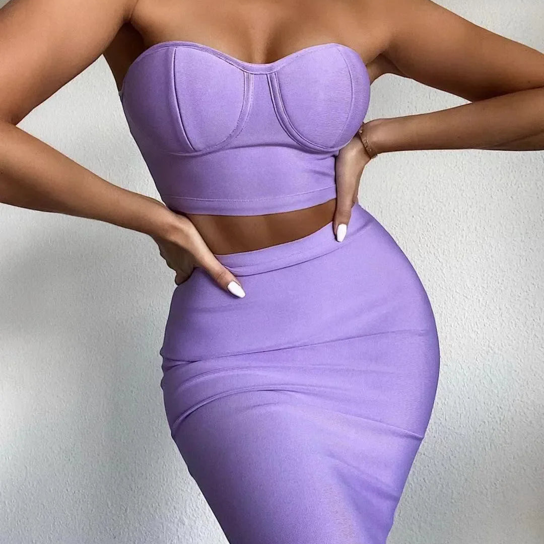 Top Quality Purple Celebrity Two Pieces Set Strapless Knee Length Rayon Bandage Dress Cocktail Party Dress Vestidos Lavender