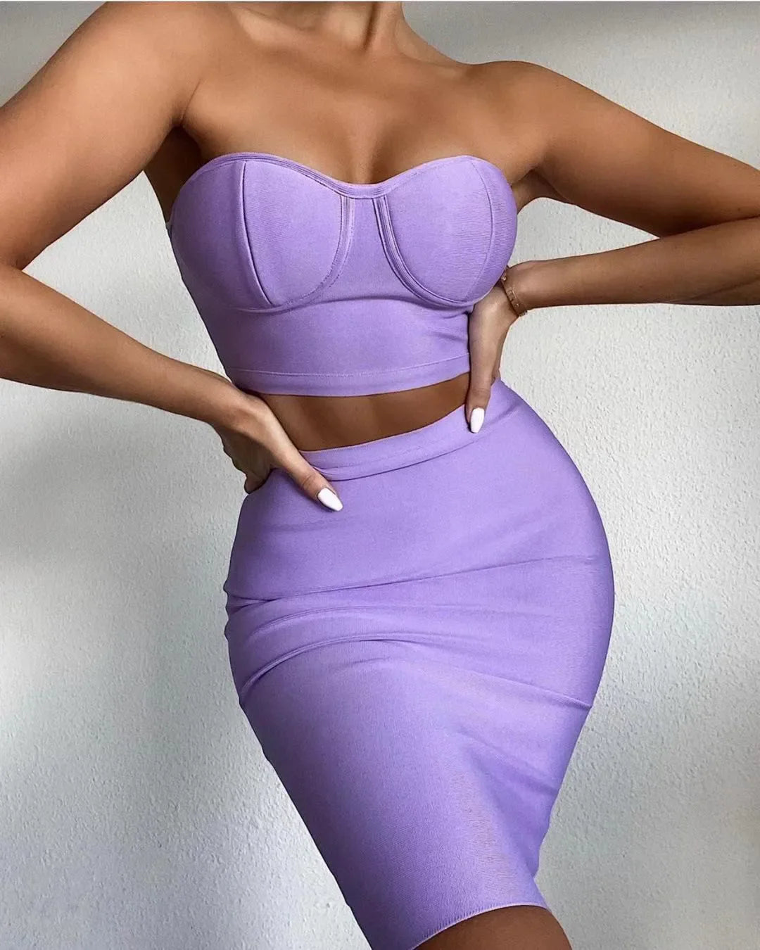 Top Quality Purple Celebrity Two Pieces Set Strapless Knee Length Rayon Bandage Dress Cocktail Party Dress Vestidos Lavender
