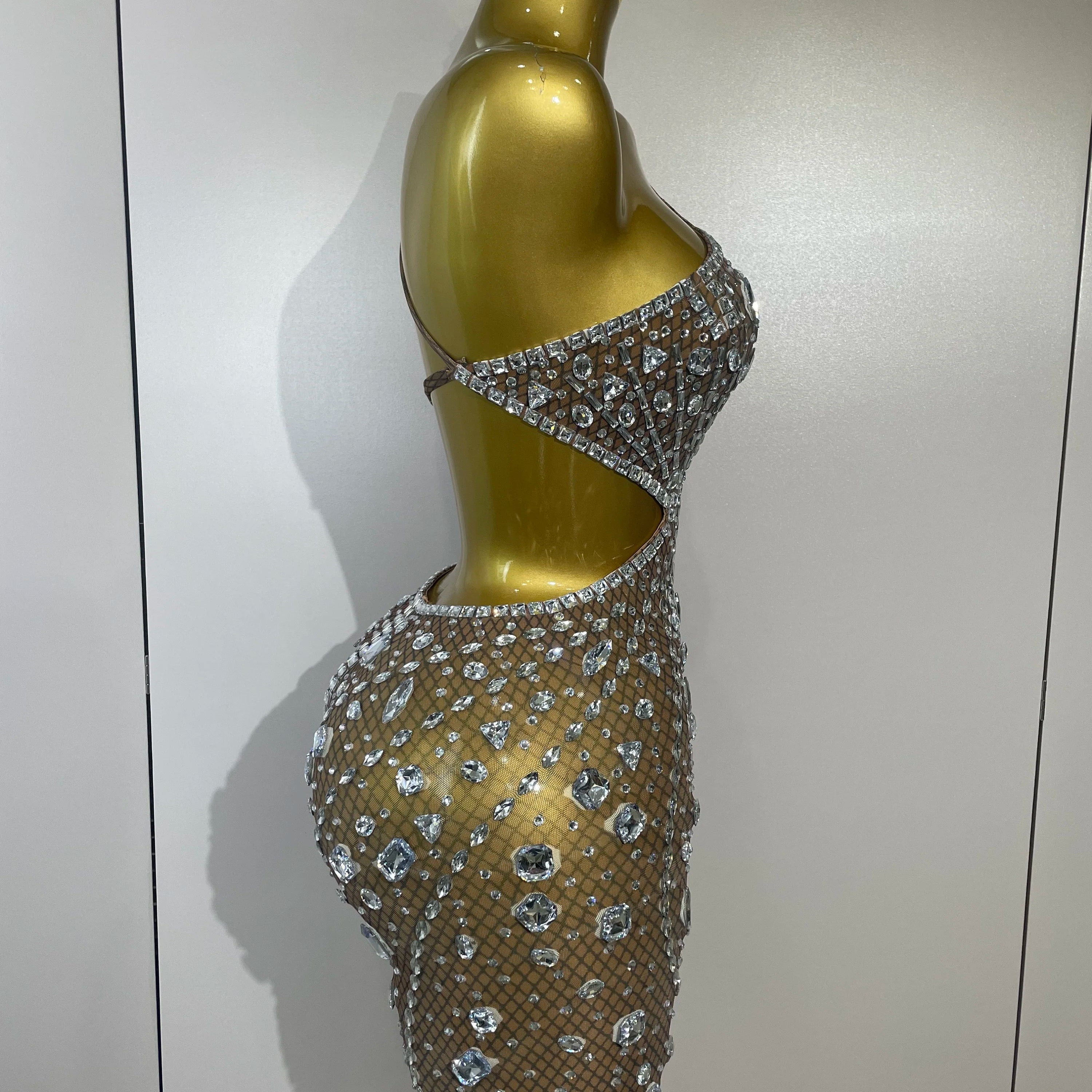 Stock Women Sparkly Big Crystal Sexy Off the Shoulder Mesh See Through Mini Dress Nightclub Party Celebrate Birthday Dress