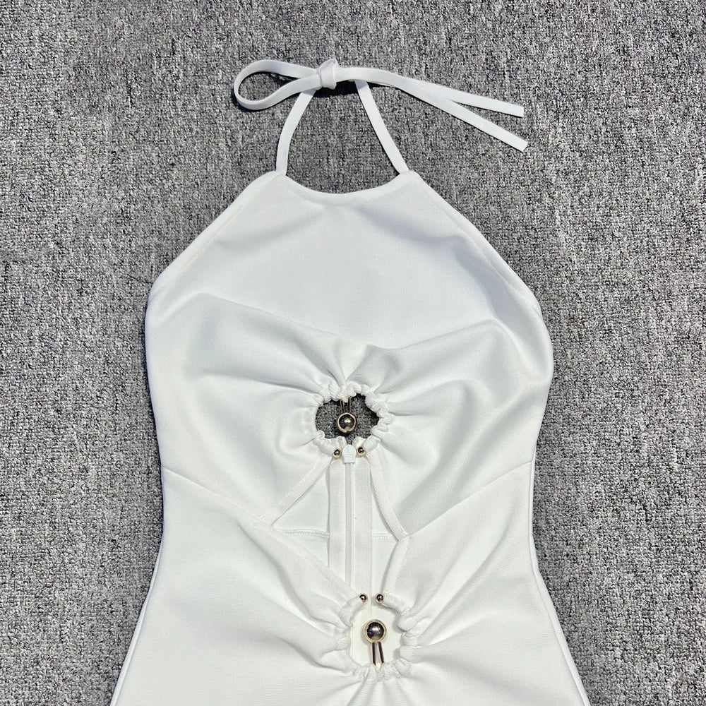 White Color Women Sexy Off the Shoulder Keyholes Bodycon Bandage Mid-calf Dress Backless Fashion Celebrate Nightclub Party Dress