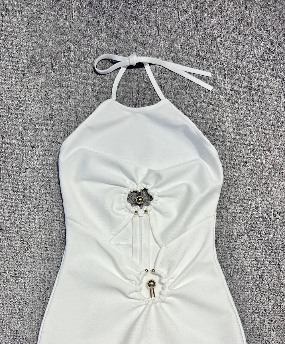 White Color Women Sexy Off the Shoulder Keyholes Bodycon Bandage Mid-calf Dress Backless Fashion Celebrate Nightclub Party Dress