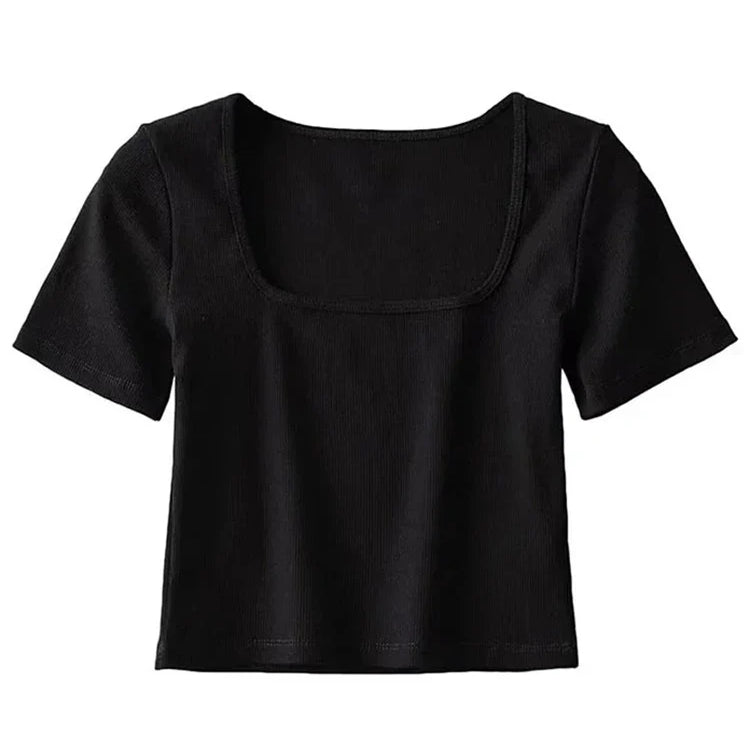 Women Square Neck Rib Crop T-shirt Short Sleeve Crop Top