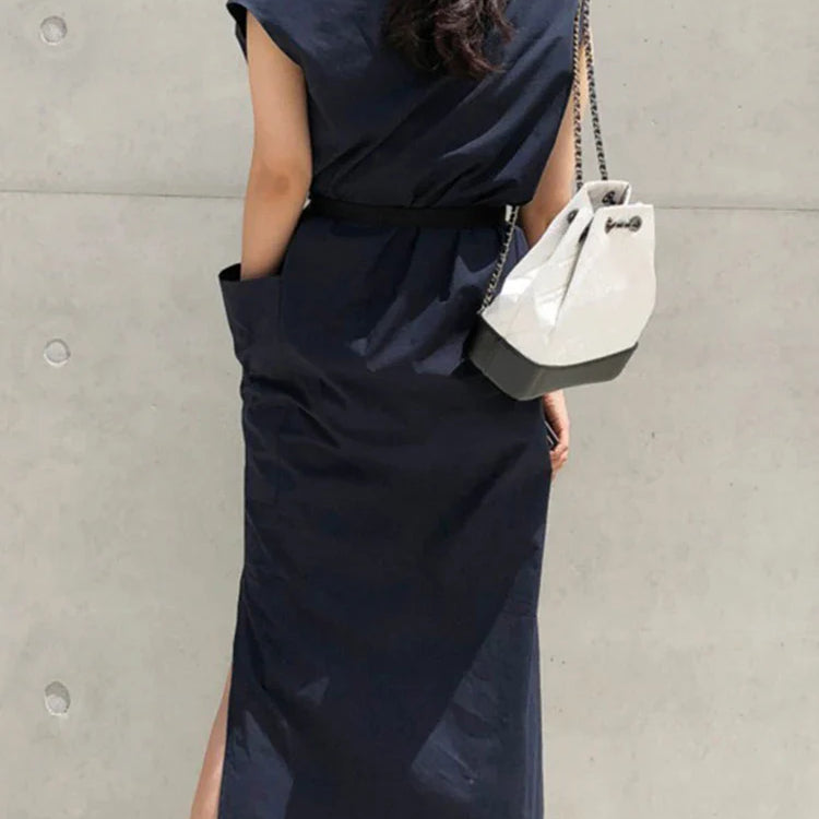 TWOTWINSTYLE Asymmetrical Sashes Dress For Women Slash Neck Short Sleeve High Waist Casual Dresses Female Fashion New Clothing