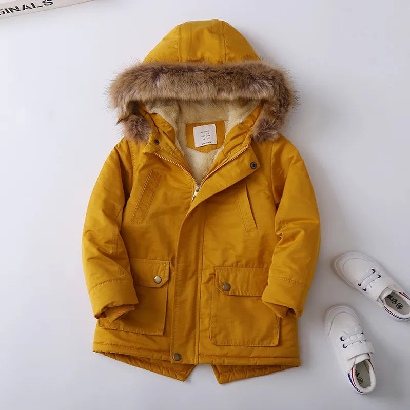 Boys Coats Autumn Winter Fashion Hooded Fur Children's Plus Velvet Warming Cotton Outerwear For Kids Jacket 5-14 Years Yellow 1