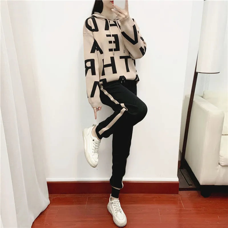 Fashion Autumn Women 2 Pieces Sets Casual Letter Print Patchwork Loose Knitted Sweater Sports Harlan Pants Suits Spring