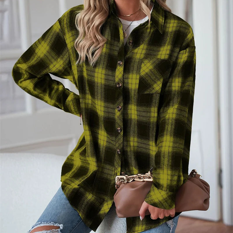 Flannel Plaid Shirt Women Autumn Loose Button Up Lapels Tops Casual Checkered Long Sleeve Blouse Ladies Pockets Basic Female New