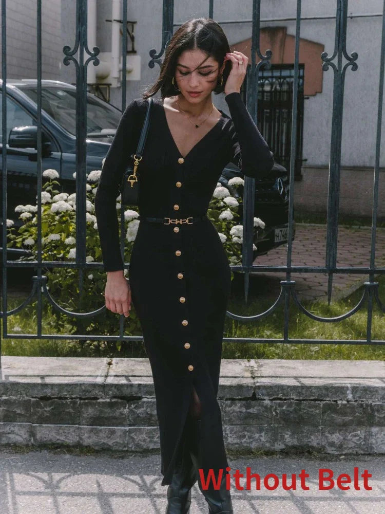 Elegant Long Sleeve Sweater Dress for Women Fashion Single Breasted Knit Maxi Dress Autumn Winter Slit Evening Party Dress 2024 Black