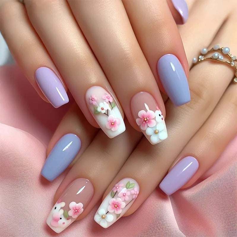 24Pcs Sweet Floral Short Square False Nails with Glue Solid Color Press on Acrylic Nails Simple French Full Cover Fake Nail Tips