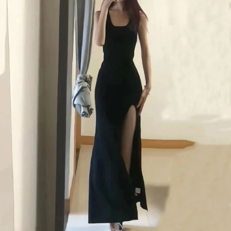 Sexy High Split Spaghetti Strap Dress Women Summer Black Bodycon Dresses Woman Sleeveless Party Long Dress Ladies black