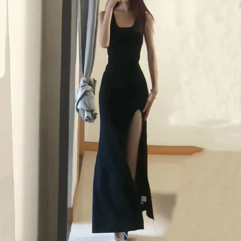 Sexy High Split Spaghetti Strap Dress Women Summer Black Bodycon Dresses Woman Sleeveless Party Long Dress Ladies black
