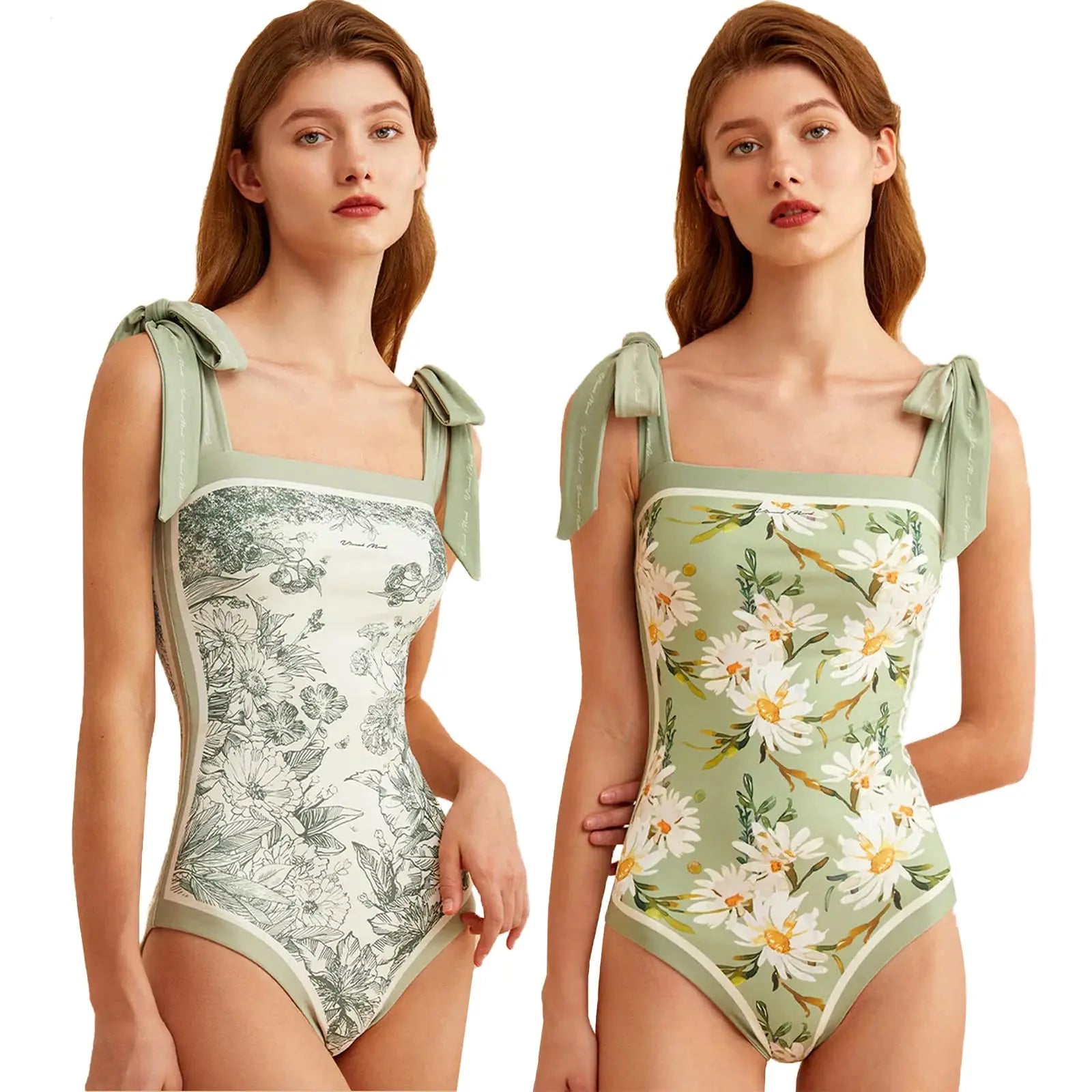 Y2K Fashion Women Floral One Piece Swimsuits Reversible Tie Shoulder Monokini Tummy Control Bathing Suits Square Neck Swimwear Green